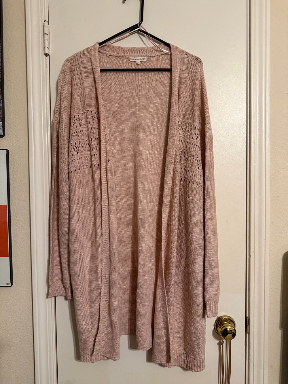 Open-Front Dusty Pink Knit Cardigan with Eyelet Sleeve Detail